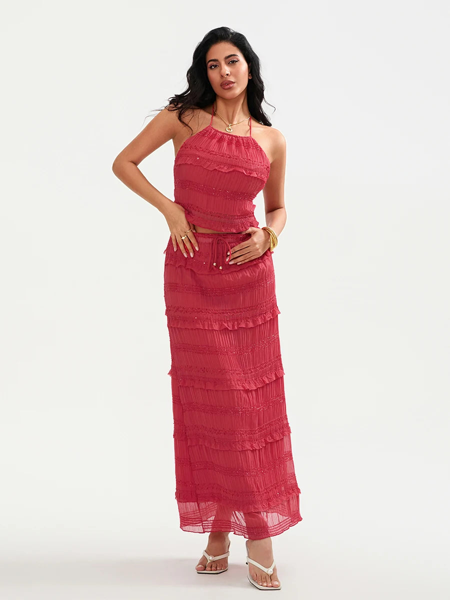 Elegant Floral Print Off-Shoulder Ruffle Sleeve Crop Top and High Waist Maxi Skirt 2 Piece Set for Women Summer Outfit