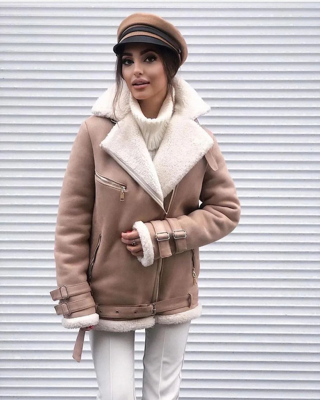 Women's Classic Shearling Bomber Jacket for Warm Winter Style
