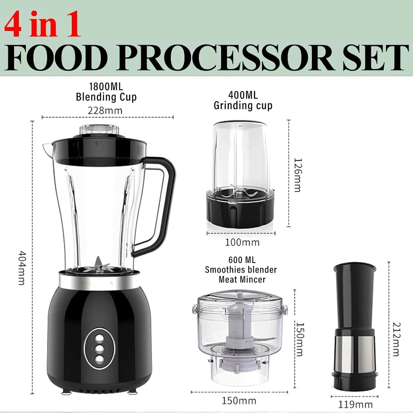 4 in 1 Blender and Food Processor Combo for Kitchen,Blender for Shakes and Smoothies,Meat Chopped,Dry Grinding,600W 3 Cups(1.8L+
