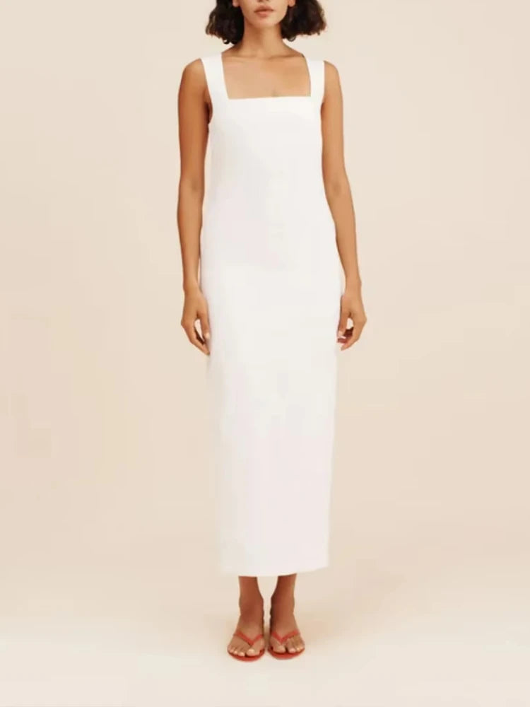 Solid Color Cotton Linen Square Neck Wide Straps Dress Fashion Slim Fit Back Split Long Dress Summer New Women's Clothing