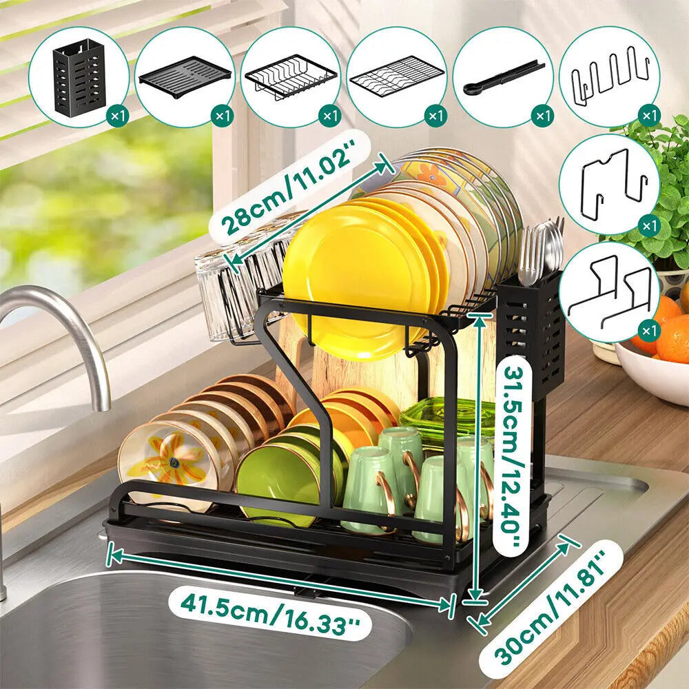 2-Tier Dish Drying Rack With Drainboard - Space-Saving Kitchen Storage Solution