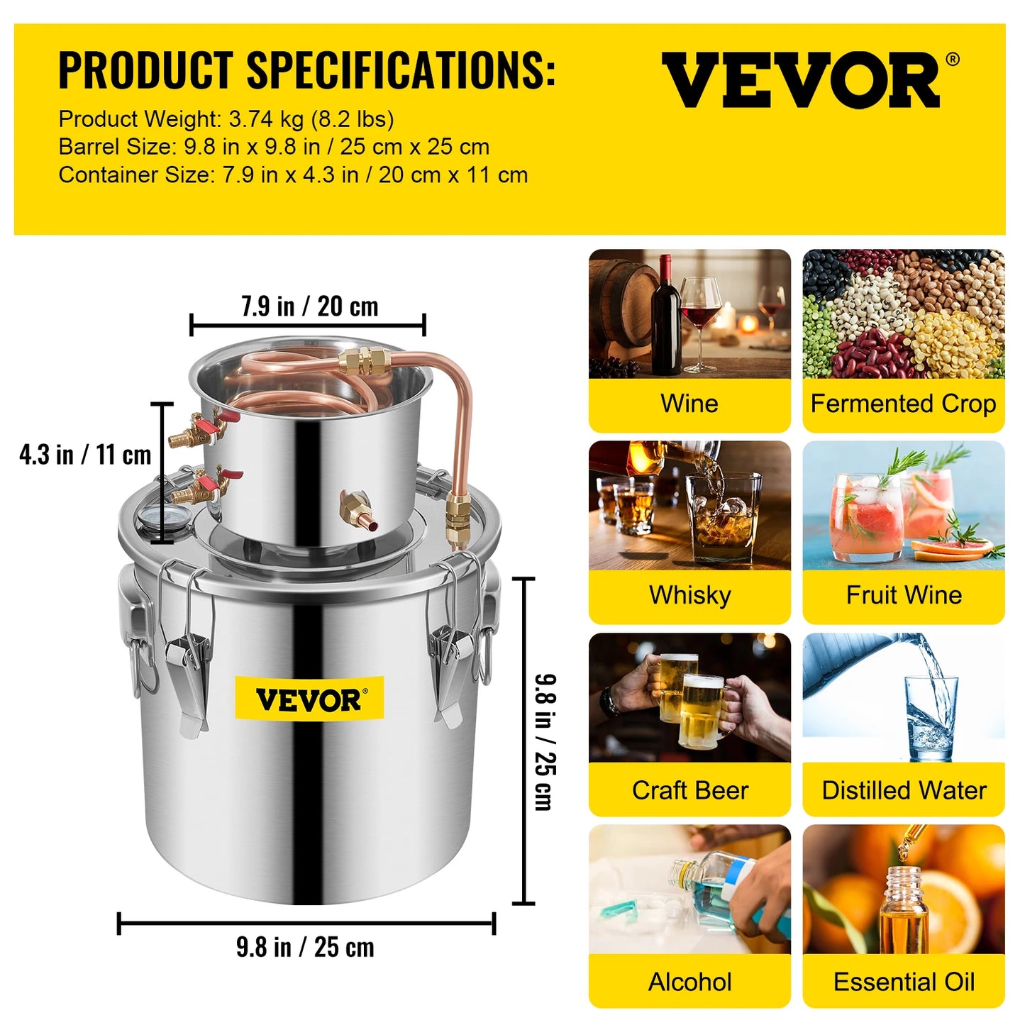 SucceBuy 3 5 8 13 Gal Distiller Alambic Alcohol Still Stainless Copper DIY Home Brew Water Wine Essential Oil Brewing Kit