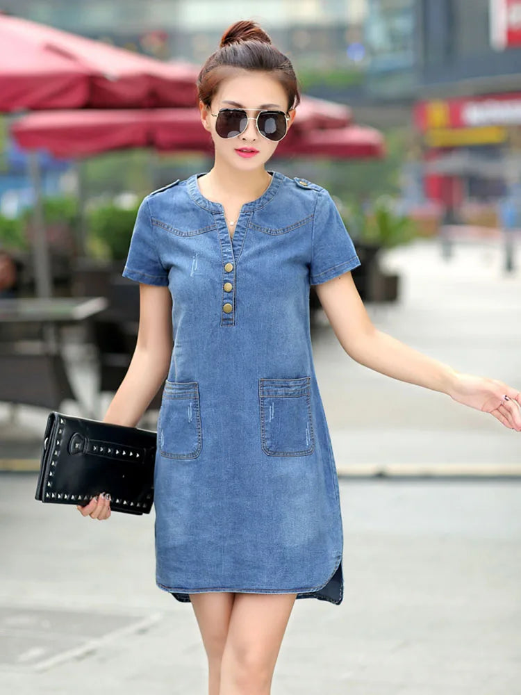 2025 New arrival summer women denim dresses short sleeves loose A word dresses v-neck solid denim dresses