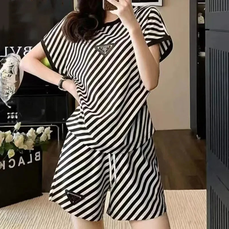 Korean Style Slim Fit Round Neck Top and Striped Shorts Set