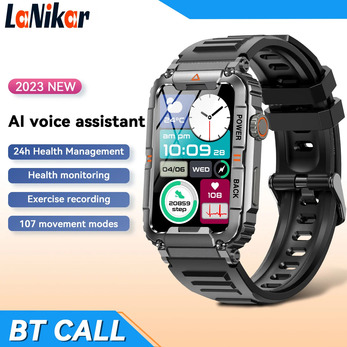 LaNikar New Military Smart Watch 100+ Sports Modes Health Monitor Bluetooth Call IP67 Waterproof Men Women For IOS Android KR88
