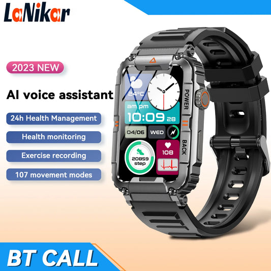 LaNikar New Military Smart Watch 100+ Sports Modes Health Monitor Bluetooth Call IP67 Waterproof Men Women For IOS Android KR88