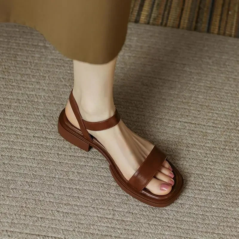 Black Sandals for Woman with Strap Summer 2024 Footwear Outdoor Women's Shoes Flat Leather One Word Comfort Korea Designer Trend