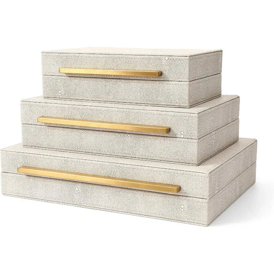 Kingflux Faux Ivory Shagreen Leather Set of 3 Pcs Decorative Boxes, Storage Boxes Jewelry Organizer, Men's Accessory Org
