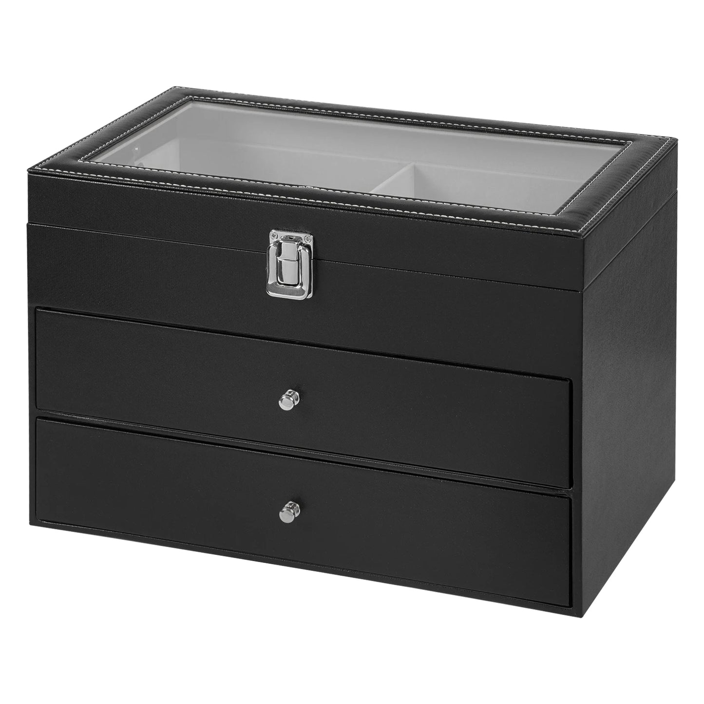24-Slot Watch & Eyeglass Storage Box 3-Layer PU Leather Storage Display Case with Glass Top Holds 12 Watches & 12 Glasses