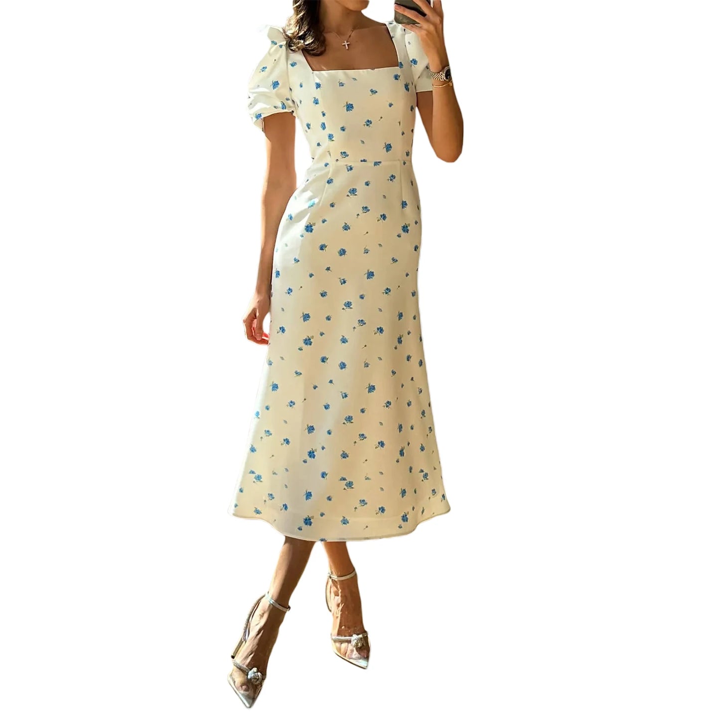 Women s Summer Midi Dress Casual Short Puff Sleeve Floral Print A-Line Dress Elegant Flowy Dress