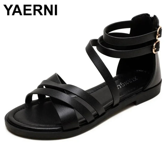 YAERNI 36-42 Large Size Sandals Women Summer New Style Ladies Casual Flat Simple Beach Sandals Fashion Vacation Roman Sandals
